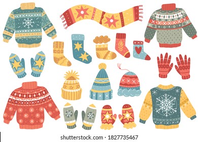 Christmas winter sweaters and items collection. Decorative cartoon style hats, socks and mittens for a frosty days. Cozy clothes vector set