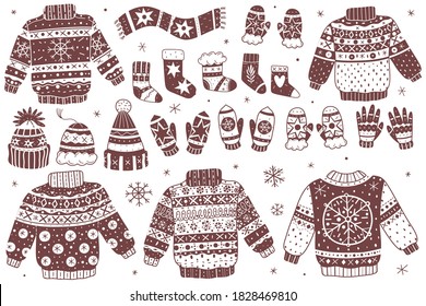 Christmas winter sweaters and items collection. Decorative cartoon style hats, socks and mittens for a frosty days. Cozy clothes vector set