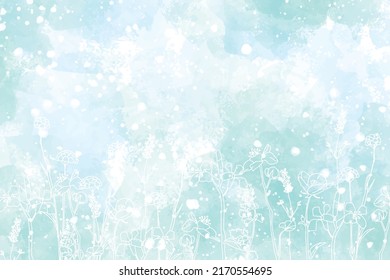 christmas winter sweet pastel light blue watercolor wet wash splash with line art wild flower background textured 