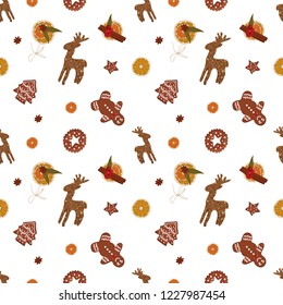 Christmas winter tasty pattern with deer, cinnamon, orange decorations, gingerbread man, christmas tree and stars.