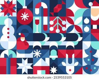 Christmas winter theme in bauhaus geometric style arrange as grid for backdrop, background, banner and wrapping paper gift or seamless pattern