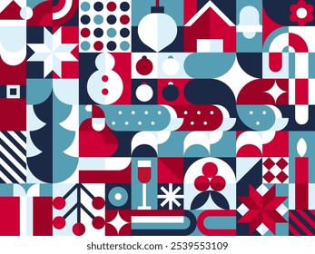 Christmas winter theme in bauhaus geometric style arrange as grid for backdrop, background, banner and wrapping paper gift or seamless pattern