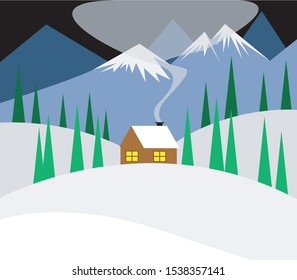 Christmas and Winter Theme Vector Illustration Landscape. There's a house in the middle of forest.