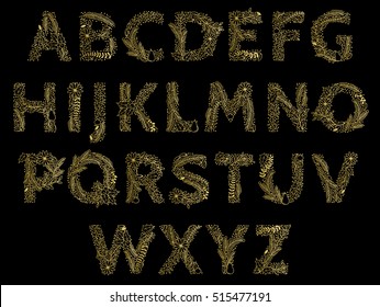 Christmas Or Winter Themed Floral Alphabet In Gold Foil Style - Vector