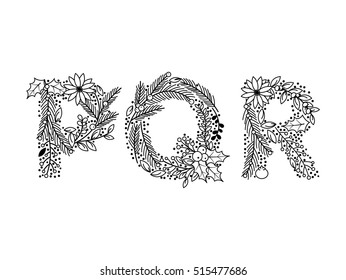 Christmas or Winter Themed Floral Alphabet in Line Art Style - Vector
