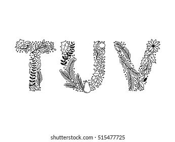 Christmas or Winter Themed Floral Alphabet in Line Art Style - Vector