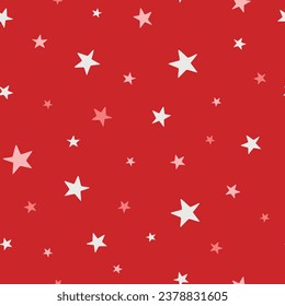 Christmas and winter themed seamless pattern, with white and pink stars on red background