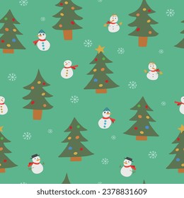 Christmas and winter themed seamless pattern, with snowmen, decorated trees and snowflakes on green background