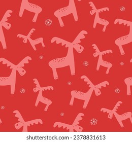 Christmas and winter themed seamless pattern, with reindeers and snowflakes on red background