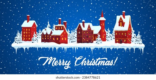 Christmas winter town. Vector cityscape with houses, pines and snowfall at holiday eve. Xmas Merry Christmas greeting card or banner with cartoon night city landscape with cottages under falling snow