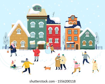 Christmas winter town vector illustration. Festive character and holiday decoration. People spend time outdoot in winter. Cold season, skate on ice rink and making a snowman.