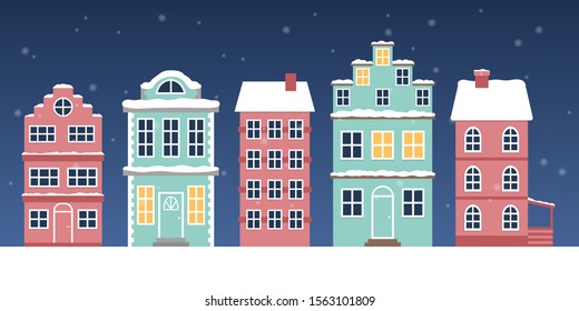 Christmas winter town vector illustration. Houses with lights on in the evening. Snowflakes in the air. Christmas card decoration