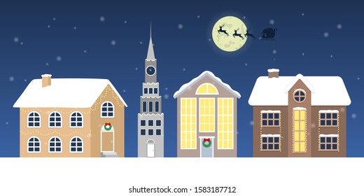 Christmas winter town vector illustration. Santa Claus in sleigh and running deer. Christmas card collection
