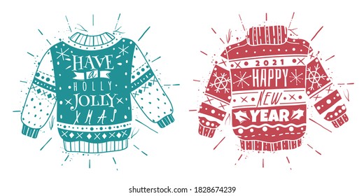 Christmas winter ugly sweaters prints. Decorative cartoon style knitwear with afor a lettering frosty days. Cozy clothes congratulations vector set