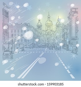 Christmas winter Urban landscape, the wide avenue with views of the church in St. Petersburg, Russia