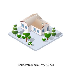 Christmas winter vacation home in the woods. Seasonal landscape with trees and snow drifts. Icons stock vector