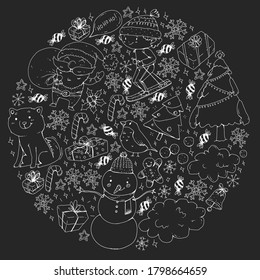 Christmas winter vector background with children. Kids vacation and sport.