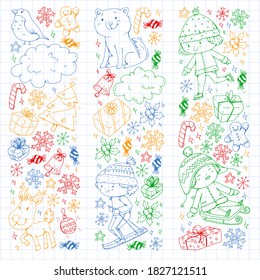 Christmas winter vector background with children. Kids vacation and sport.