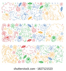 Christmas winter vector background with children. Kids vacation and sport.