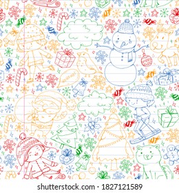 Christmas winter vector background with children. Kids vacation and sport.