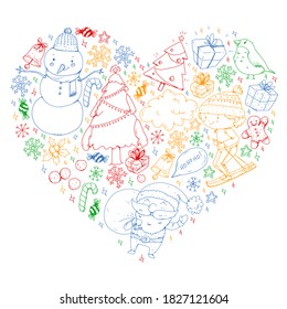 Christmas winter vector background with children. Kids vacation and sport.