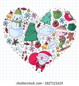 Christmas winter vector background with children. Kids vacation and sport.