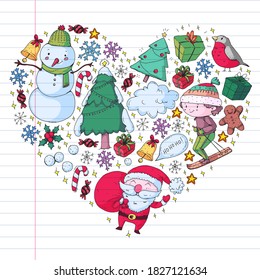 Christmas winter vector background with children. Kids vacation and sport.