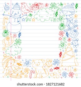 Christmas winter vector background with children. Kids vacation and sport.