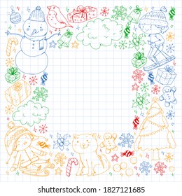 Christmas winter vector background with children. Kids vacation and sport.
