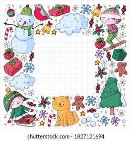 Christmas winter vector background with children. Kids vacation and sport.