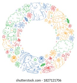 Christmas winter vector background with children. Kids vacation and sport.