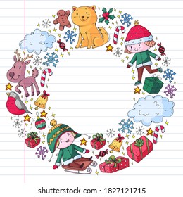 Christmas winter vector background with children. Kids vacation and sport.