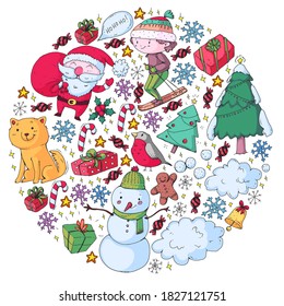 Christmas winter vector background with children. Kids vacation and sport.