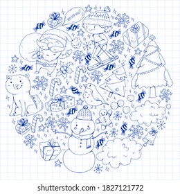 Christmas winter vector background with children. Kids vacation and sport.