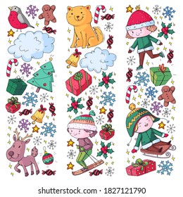 Christmas winter vector background with children. Kids vacation and sport.