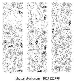 Christmas winter vector background with children. Kids vacation and sport.