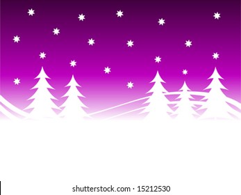 A christmas winter vector background illustration with a purple starry sky over a white tree lined snowy hill