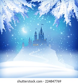 Christmas winter vector castle silhouette on the hill