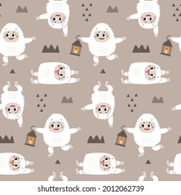 Christmas winter vector cute seamless pattern with Yeti characters, Bigfoot, stones, a warming candle, lantern in Boho style