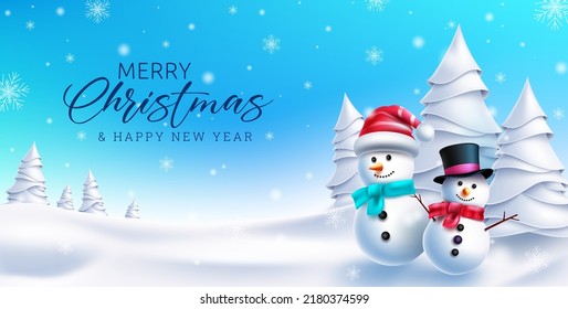 Christmas winter vector design. Merry christmas greeting text with snow man characters in winter wonder land background for holiday season celebration. Vector illustration.
