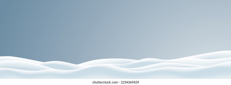 Christmas winter vector illustration of empty snowbanks field. Snow landscape, frozen hills, and snowdrifts decoration on a gradient blue background