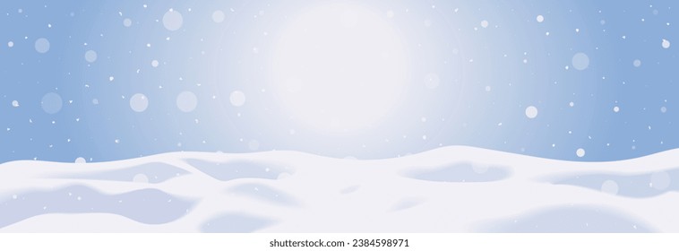 Ilustración vectorial de invierno de Navidad de un campo de nevado vacío con copos de nieve. Paisajes de nieve, colinas congeladas y decoración de nevadas aisladas en el cielo azul con espacio de copias