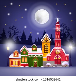 Christmas winter vector illustration with holiday houses, full moon, night sky, stars, forest silhouette. X-mas postcard with church, decorated village street with snow. Christmas houses with garland