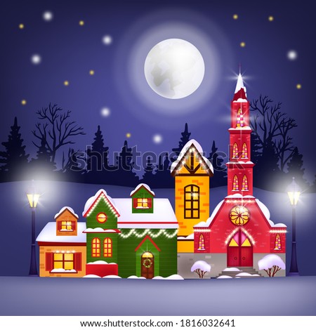 Christmas winter vector illustration with holiday houses, full moon, night sky, stars, forest silhouette. X-mas postcard with church, decorated village street with snow. Christmas houses with garland