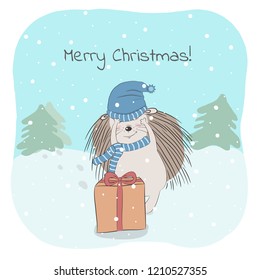 Christmas and winter vector illustration with lovely hedgehog and Merry Christmas phrase. Perfect for kids cards posters, book illustartion and other design project. Eps10.