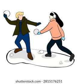 Christmas Winter Vector Illustration Of Young Couple Having Snowball Fight, Two People Playing Outdoors In Snow, Fun Holiday Activity Isolated On White Background For New Year Seasonal Design
