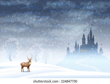 Christmas winter vector landscape with castle silhouette and deer