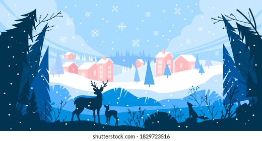 Christmas winter vector landscape with snow drifts, mountain village, forest, pines, reindeer. Holiday nature background with fox, hills, houses. X-mas panoramic banner with winter outline landscape 