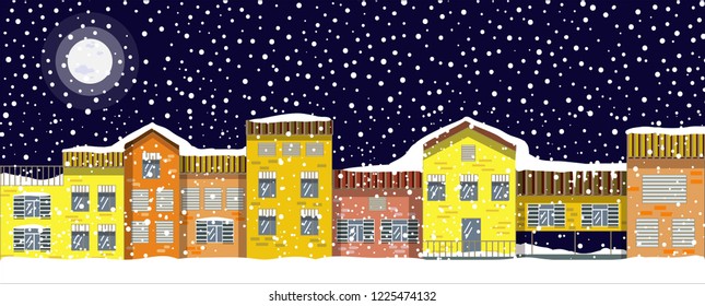 Christmas winter vector old town. European architecture in snow night. Colorful houses in snowfall.