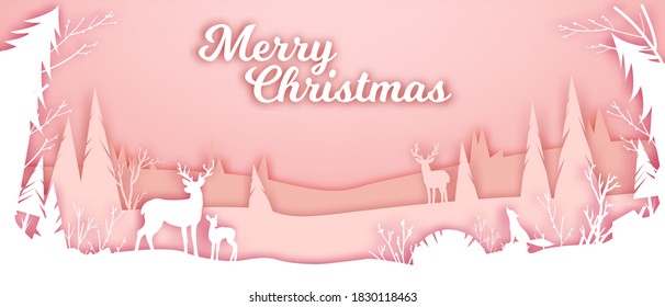 Christmas winter vector paper cut landscape with reindeer silhouette, pine trees, hills, snow drifts. X-mas forest wild nature background with animals. Horizontal north winter landscape in pink colors